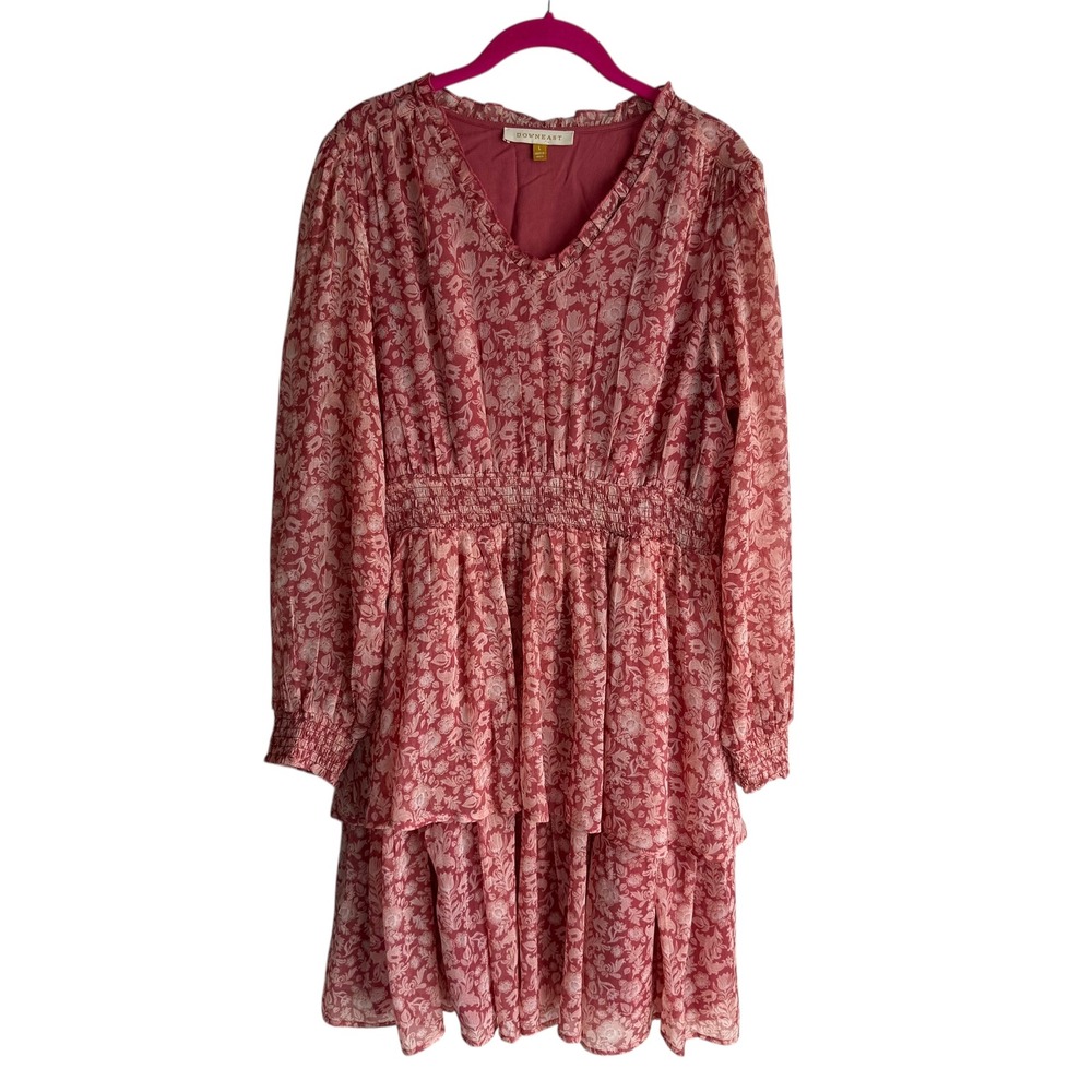 DOWNEAST Mauve Pink Floral Long Sleeve Tiered V-Neck Ladies‎ Dress, L
